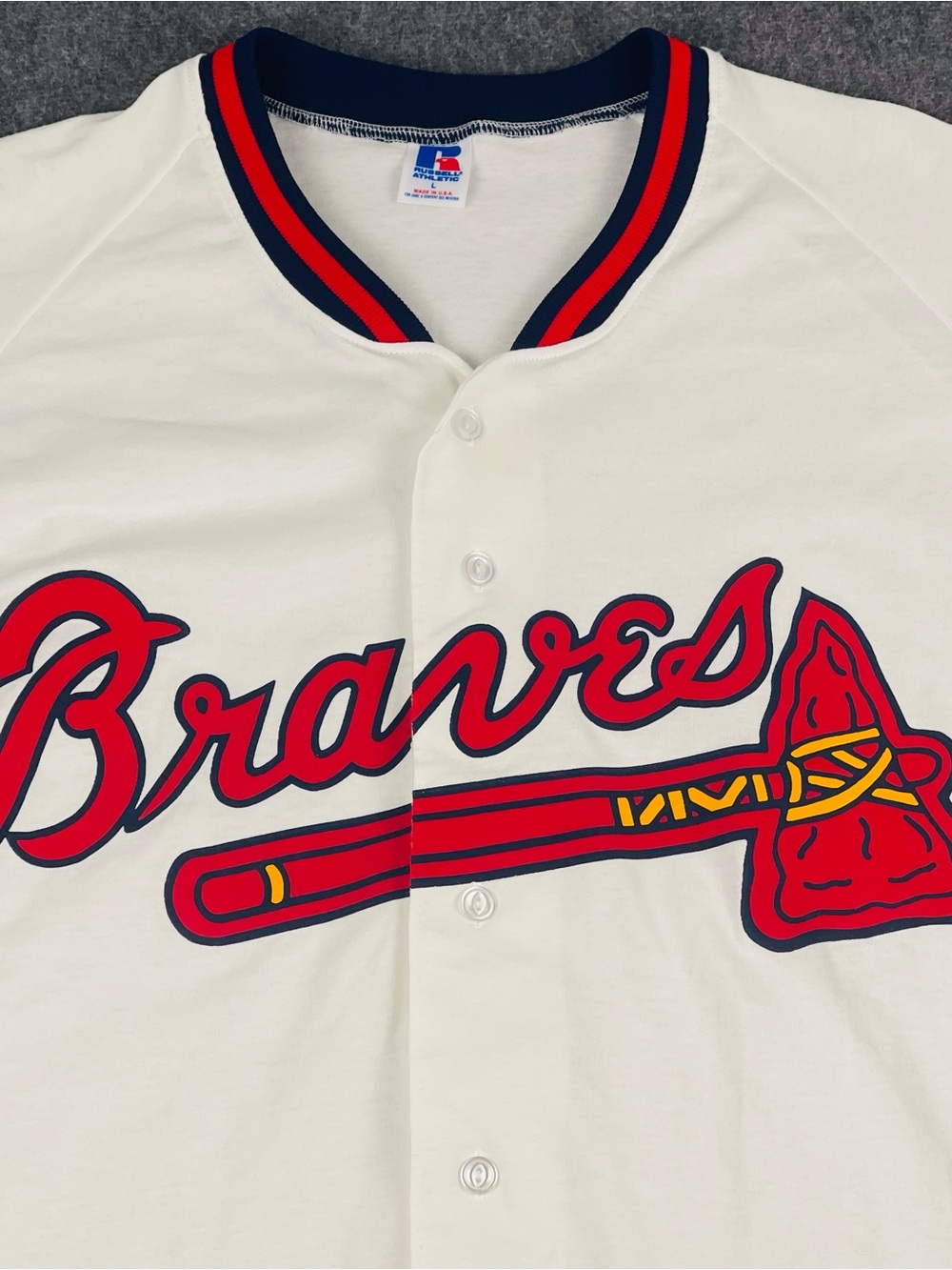 VTG 90’s Atlanta Braves Russell Athletic White Cotton Jersey Mens Made In USA